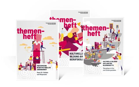 3 Titel verschiedener Themenhefte der Arbeitsstelle kulturelle Bildung NRW