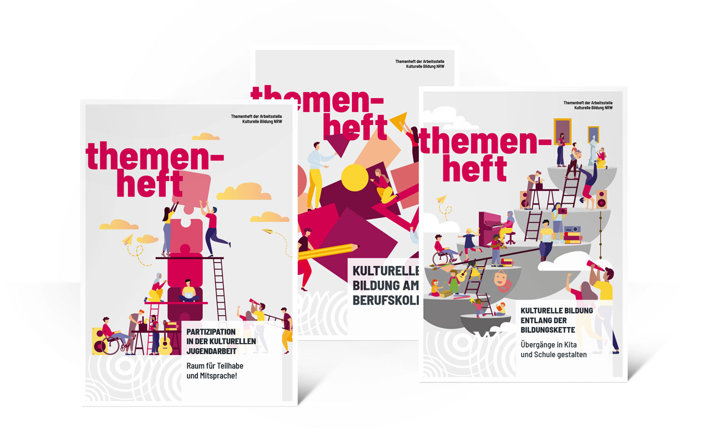 3 Titel verschiedener Themenhefte der Arbeitsstelle kulturelle Bildung NRW