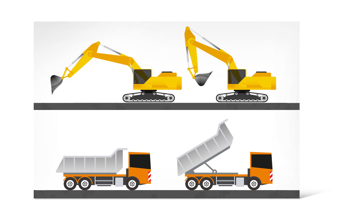 Illustration Bagger und LKW zur Visualisierung für die spätere Animation