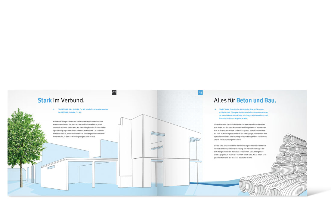 Doppelseite der Betonia Bau Imagebroschüre