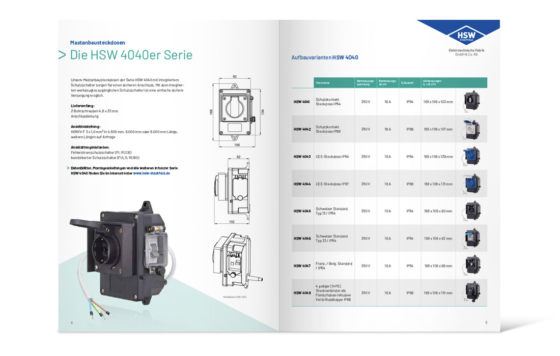 Doppelseite des Produktkatalogs „Mastanbausteckdosen“ von HSW-Stadtfeld