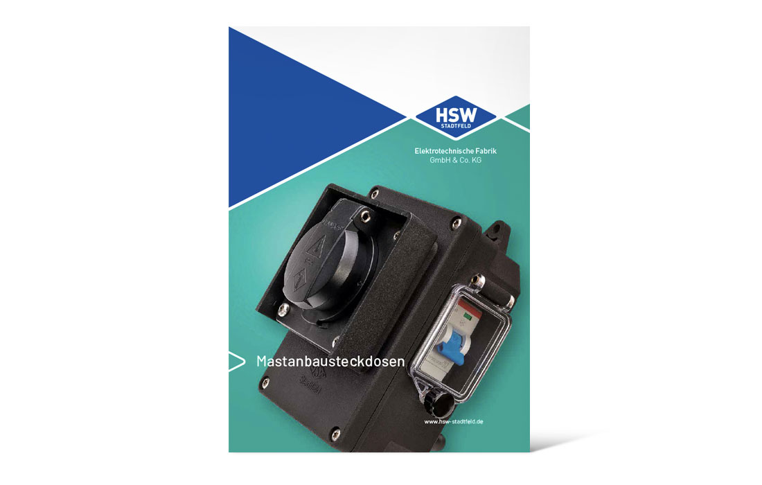 Titel des Produktkatalogs „Mastanbausteckdosen“ von HSW-Stadtfeld