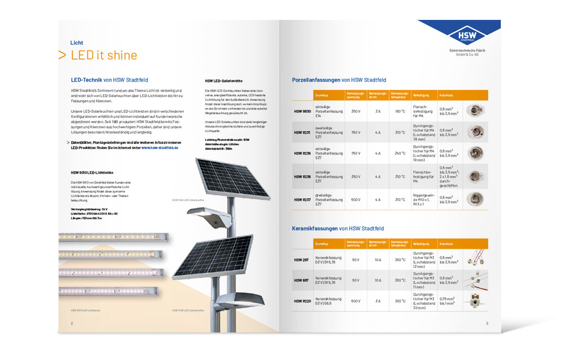 Doppelseite des Produktkatalogs „Licht“ von HSW-Stadtfeld