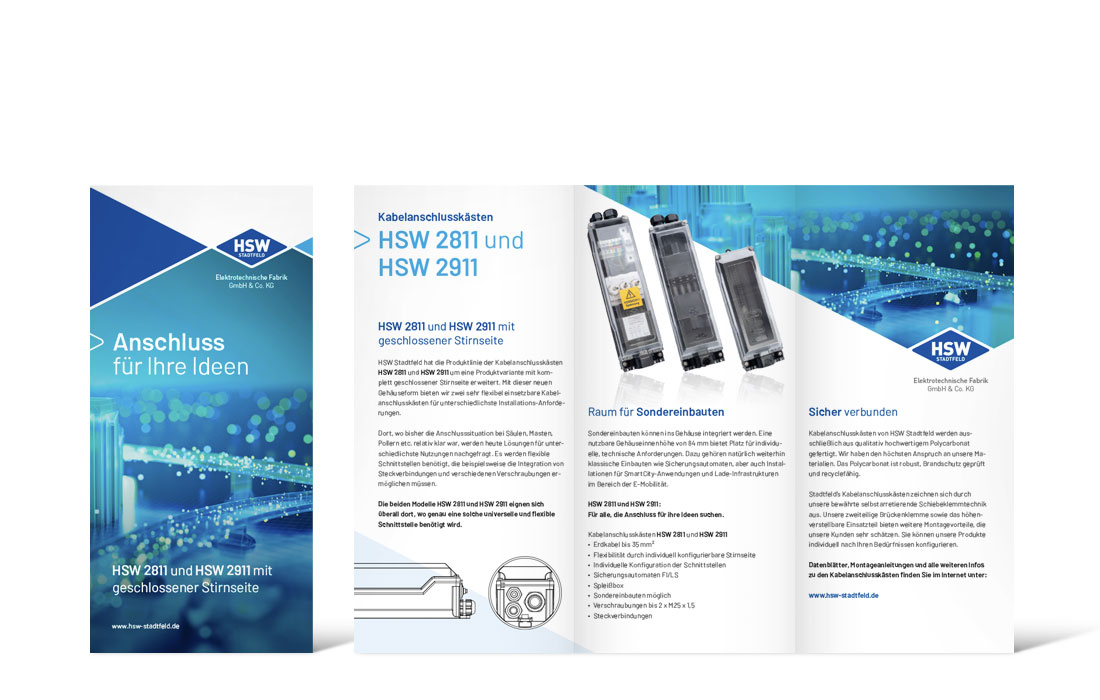 Titel und Innenseite des Flyers „Anschluss für Ideen“ von HSW-Stadtfeld