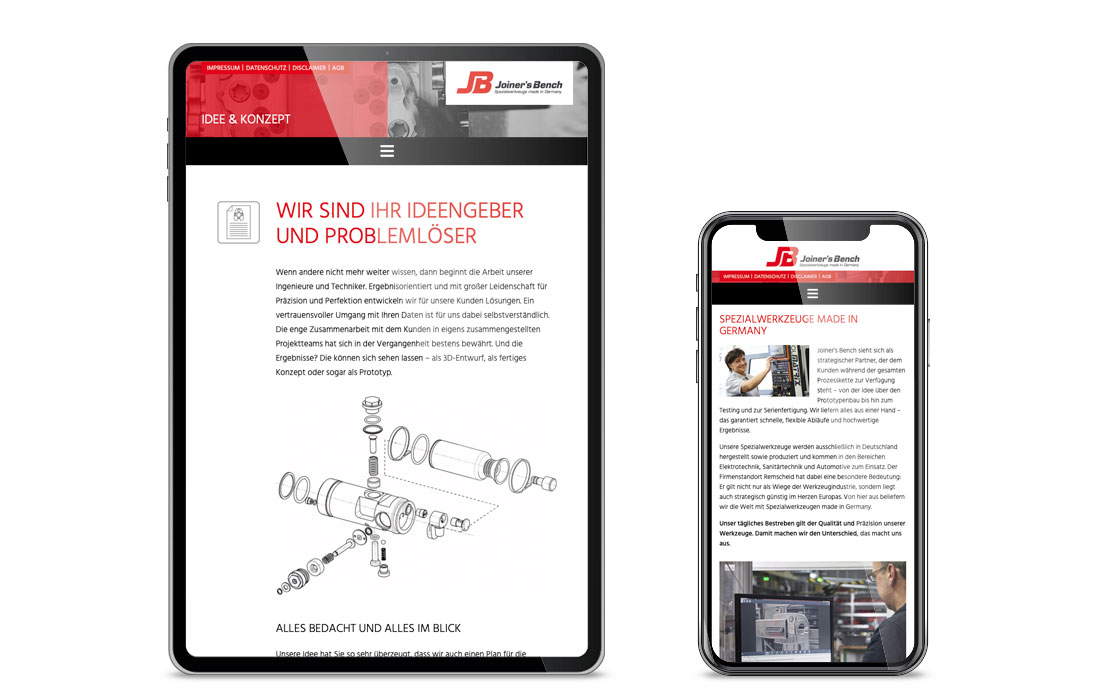 Die Joiners's Bench Webseite in der mobilen Ansicht