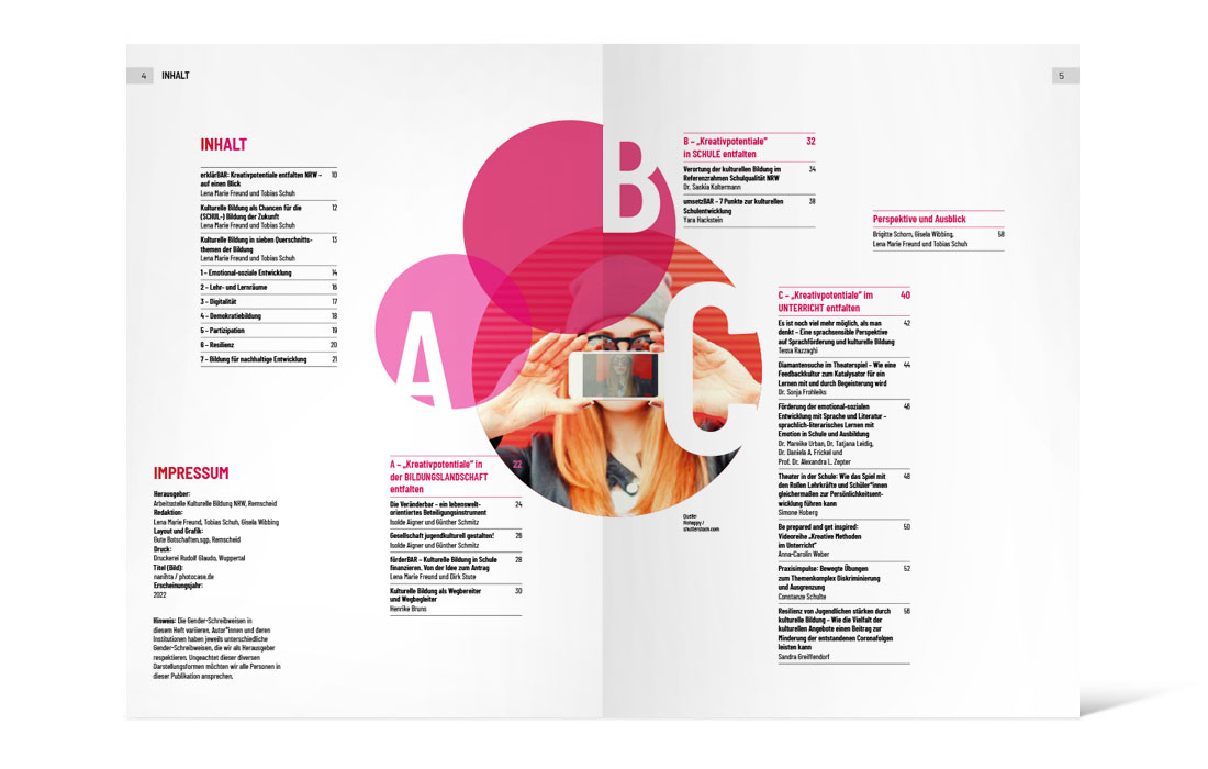 Doppelseite der Broschüre des Projekts „Kreativpotentiale entfalten NRW“