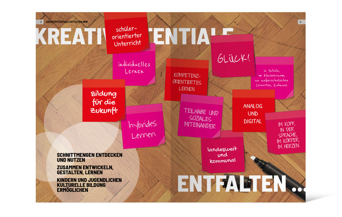 Doppelseite der Broschüre des Projekts „Kreativpotentiale entfalten NRW“