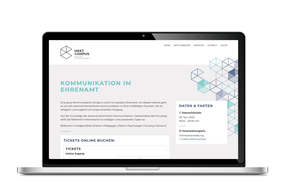 Die MEET CAMPUS Webseite in der Laptop-Ansicht