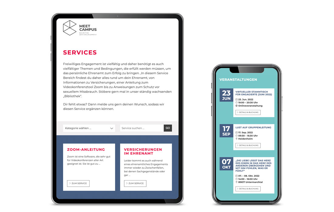 Die MEET CAMPUS Webseite in der mobilen Ansicht