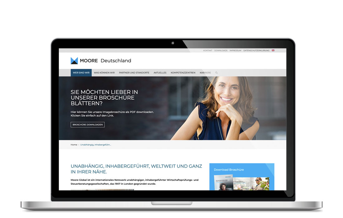 Die Moore Deutschland Webseite in der Laptop-Ansicht