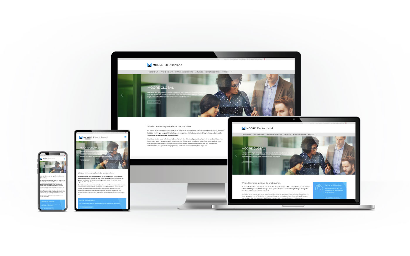 Präsentation der Moore Deutschland Webseite auf verschiedenen Endgeräten