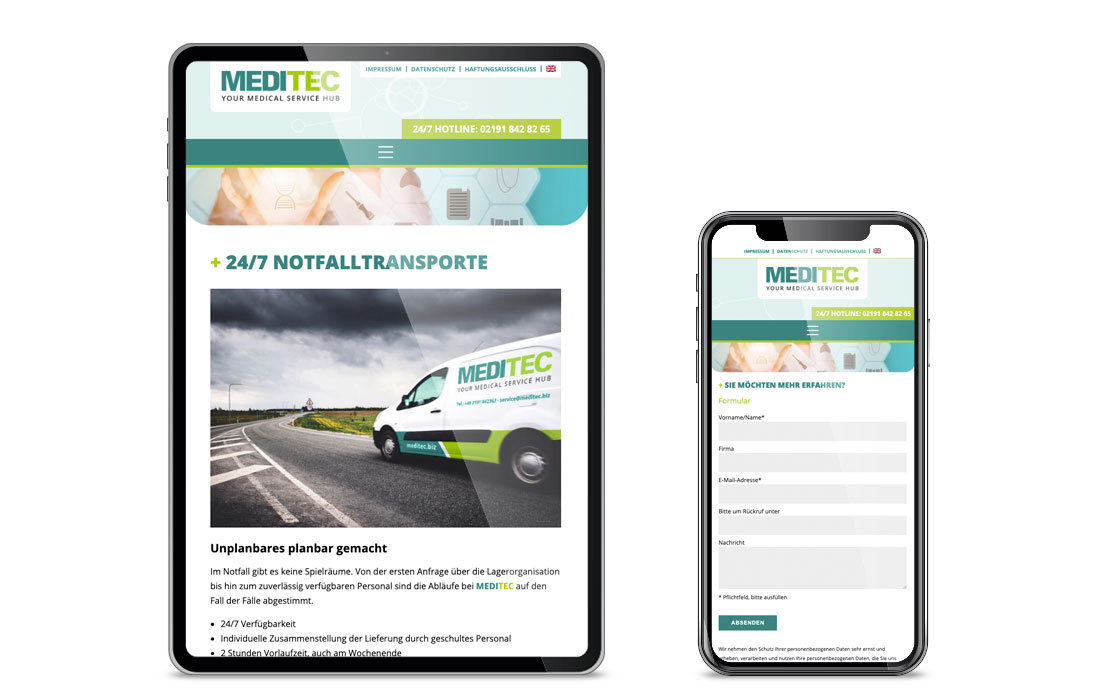 Die MEDITEC Webseite in der mobile Ansicht