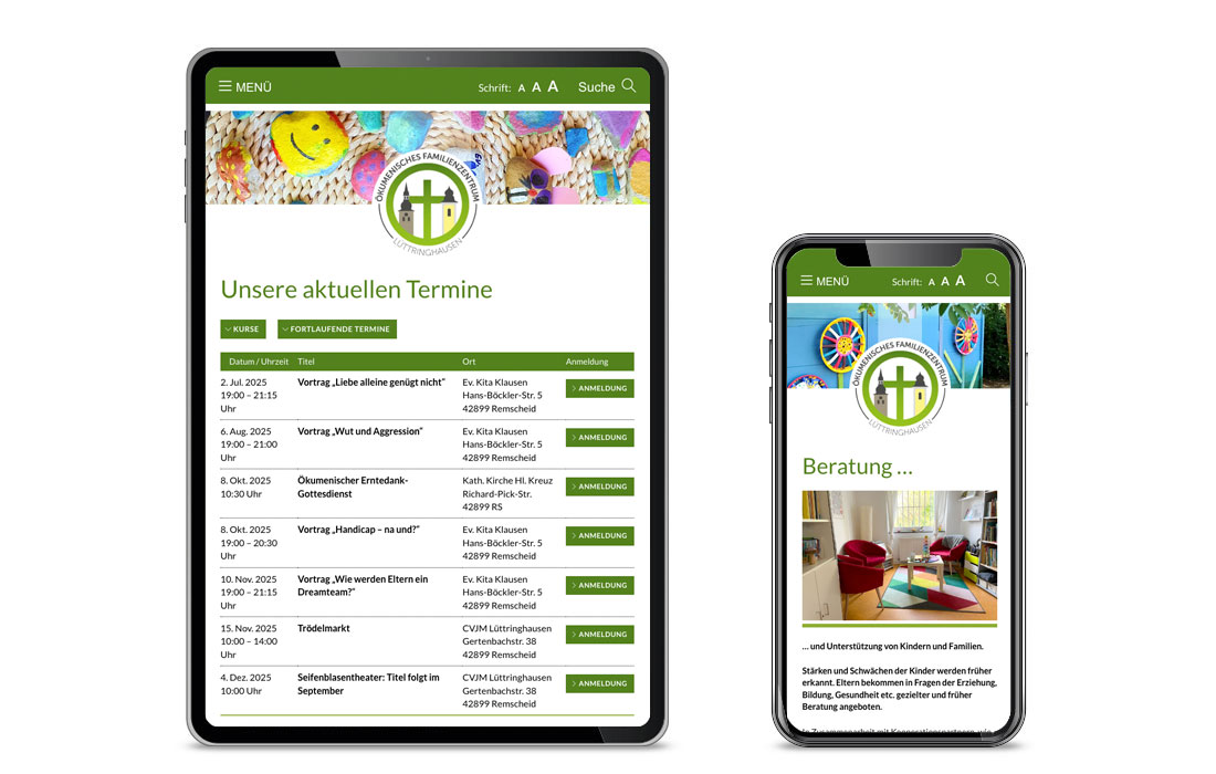 Die barrierefreie Webseite des ÖFZ Lüttringhausen in der mobilen Ansicht