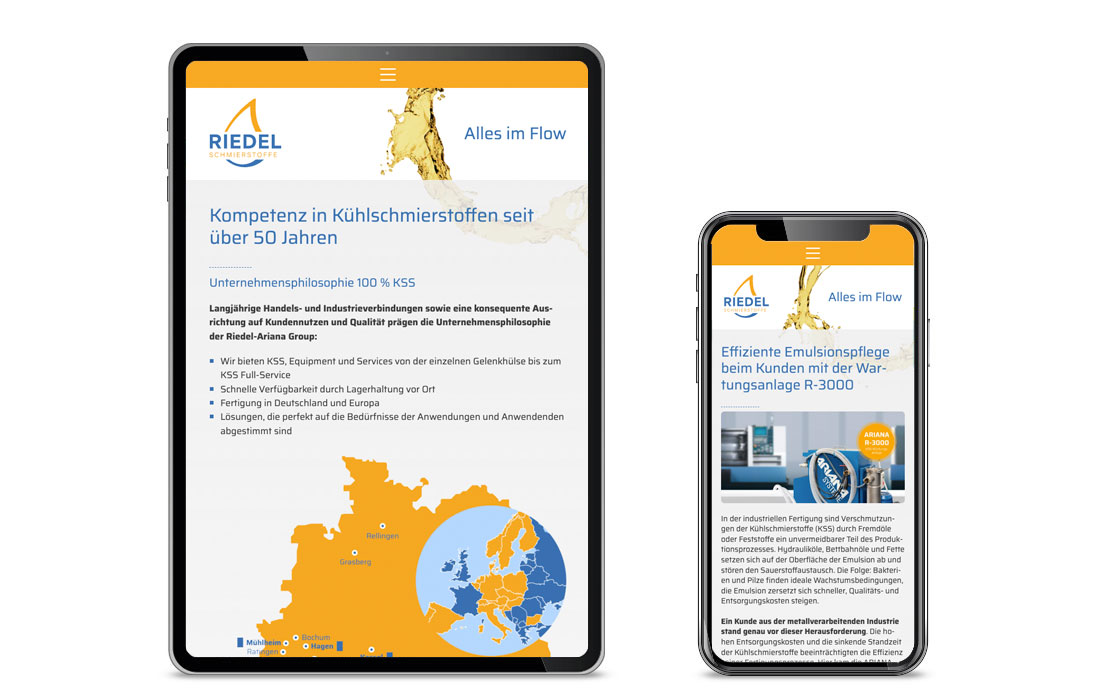 Die Riedel Schmierstoffe Webseite in der mobile Ansicht