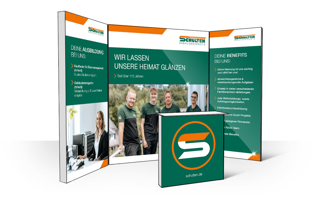 Illustration einer 3-teiligen Messewand mit kleiner Theke von PIXLIP