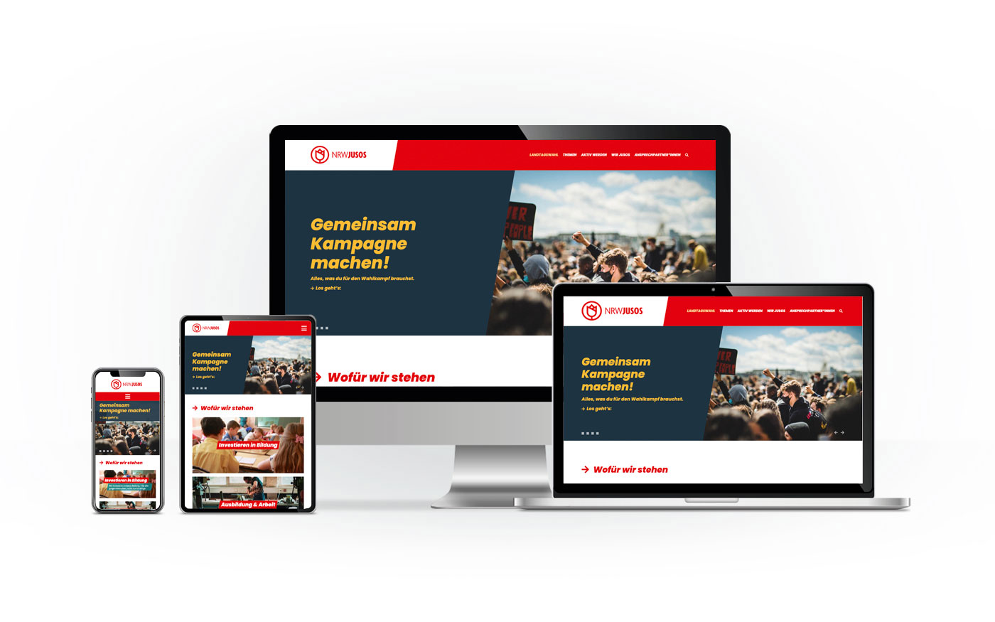 Präsentation der Jusos NRW Webseite auf verschiedenen Endgeräten