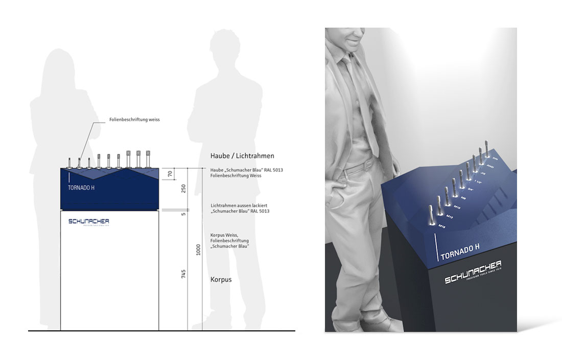 Illustration und 3D-Bild der Planung einer Produktpräsentation auf einer Messe.