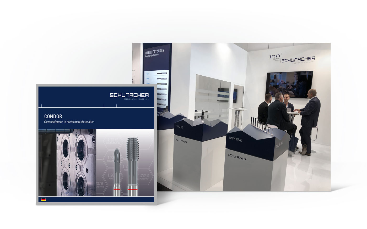 Collage aus Schumacher Precision Tools Broschüre und Bild vom Messestand