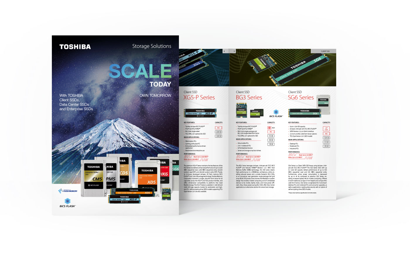 Titel und Doppelseite deines Produktkatalogs der Toshiba Memory Europe GmbH