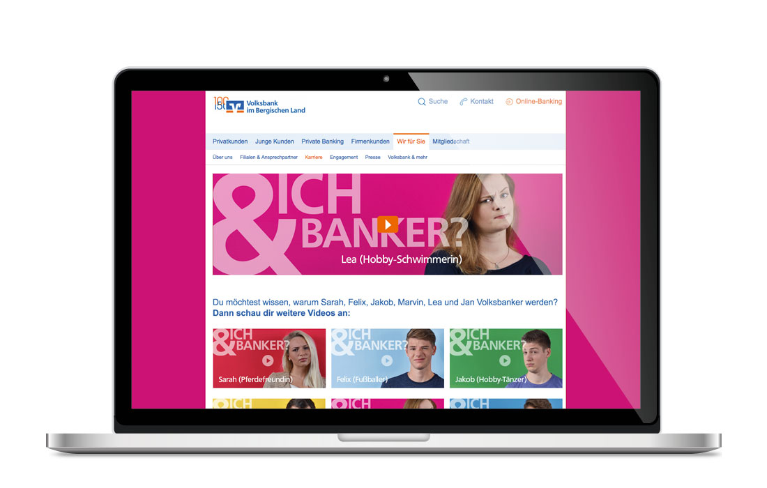 Laptop mit Starseite der Landingpage zur Volksbank Azubi-Kampagne