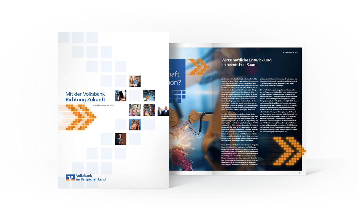 Titel und Doppelseite des 2018er Geschäftsberichts der Volksbank im Bergischen Land