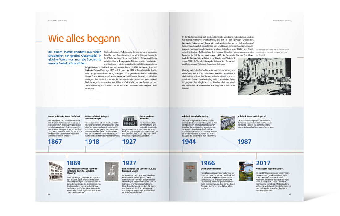 Doppelseite des 2017er Geschäftsberichts der Volksbank im Bergischen Land