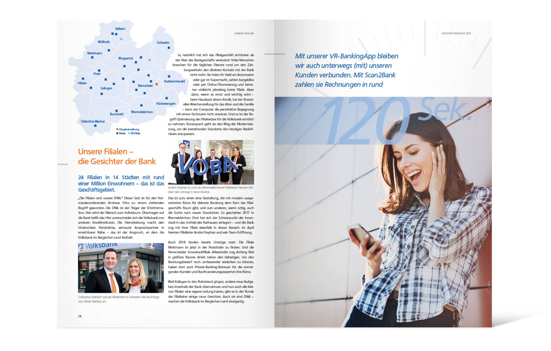 Doppelseite des 2017er Geschäftsberichts der Volksbank im Bergischen Land
