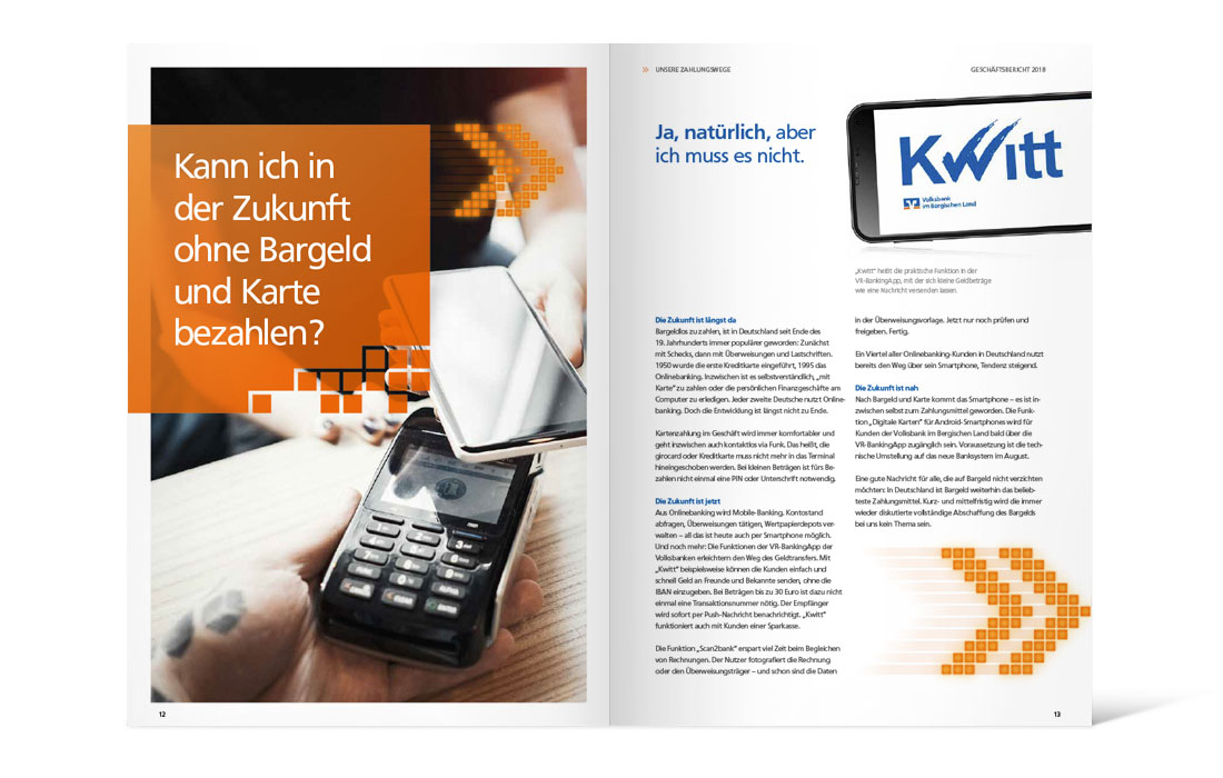 Doppelseite des 2018er Geschäftsberichts der Volksbank im Bergischen Land