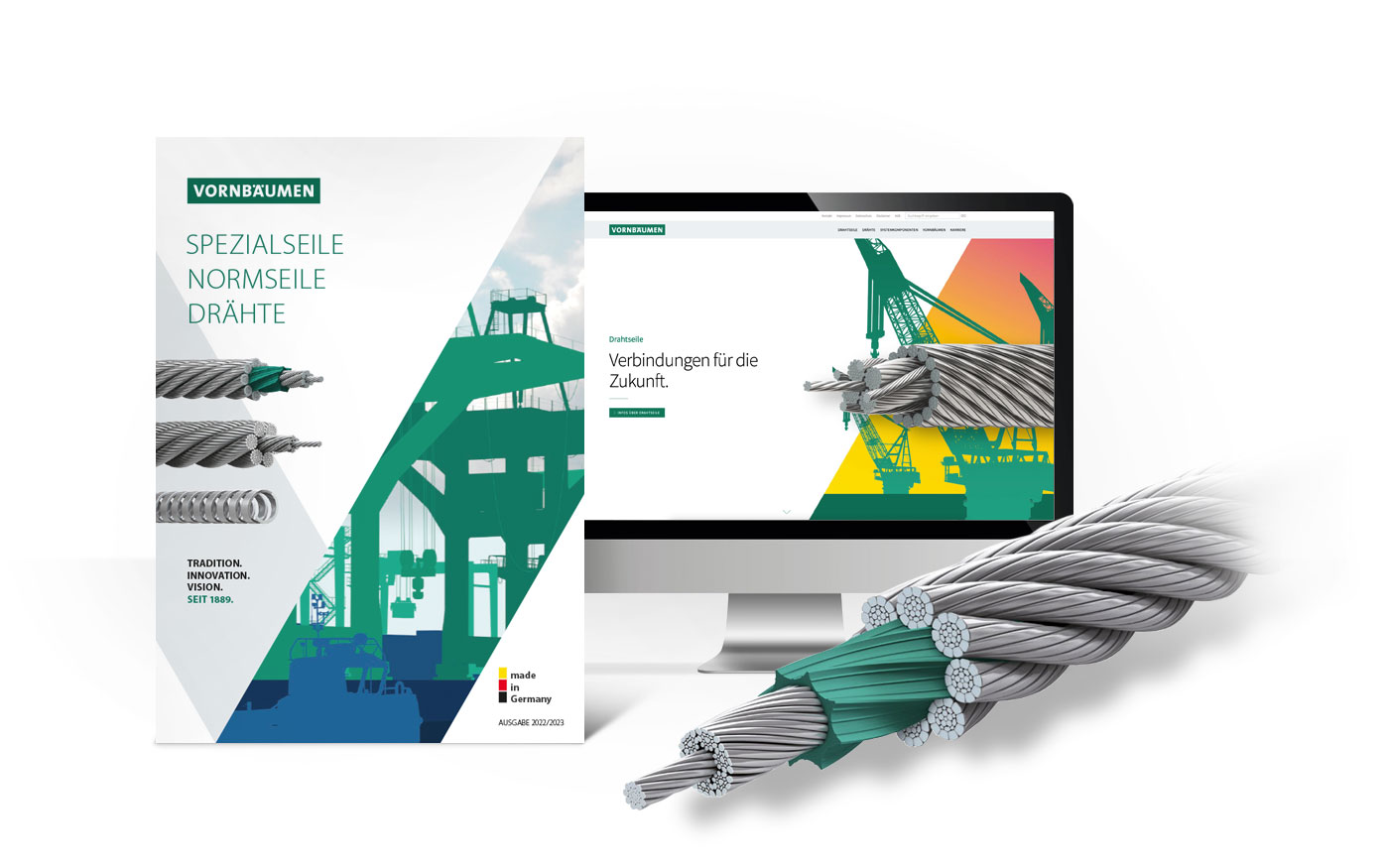 Collage aus Katalogtitel, Webseite und 3D-Illustration eines Drahtseils von Vornbäumen